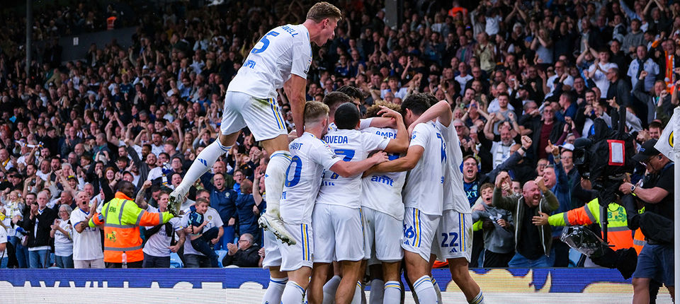 Leeds celebrate their second goal against Cardiff City