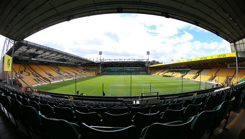 A wide lens shot of Carrow Road, taken from the Barclay Stand