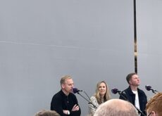 Norwich City head coach Johannes Hoff Thorup (left), executive director Zoe Webber (centre), and sporting director Ben Knapper (right) at the fans' forum ahead of the 2024/25 season.